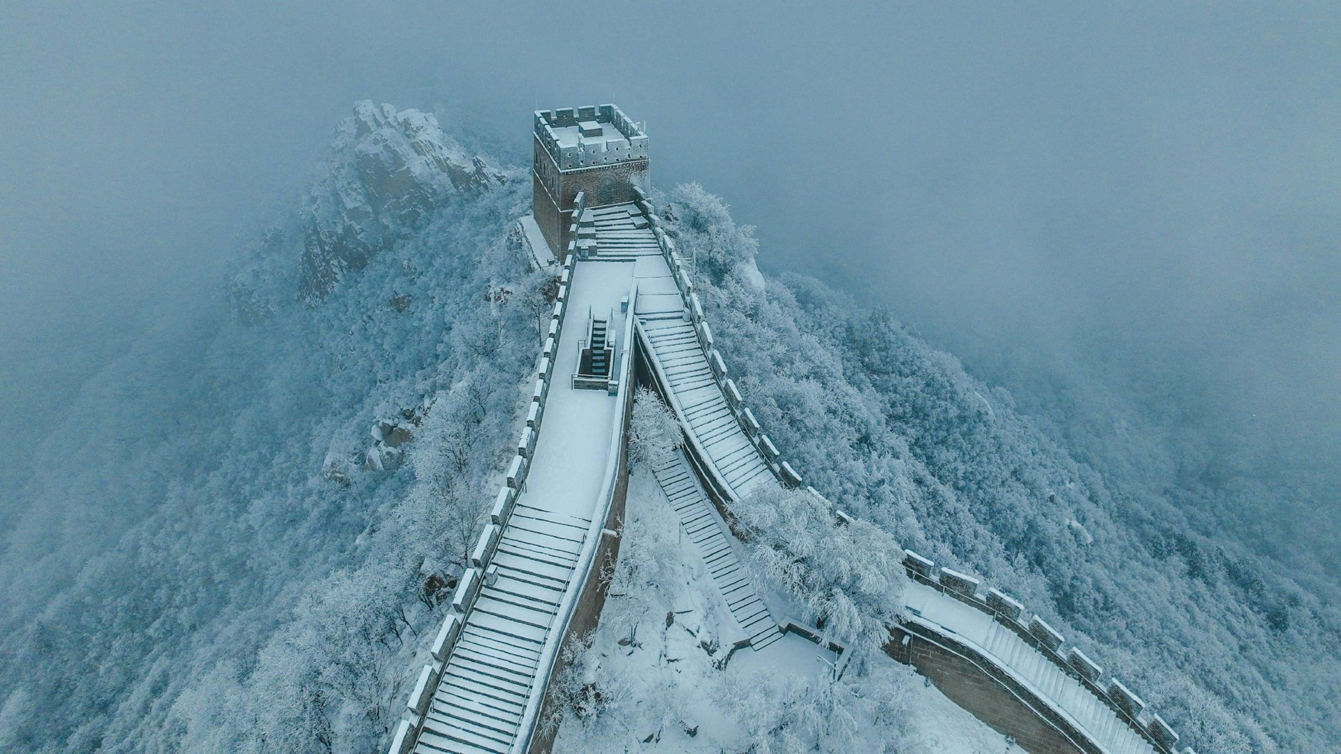 Badaling Great Wall walkway covered with winter snow